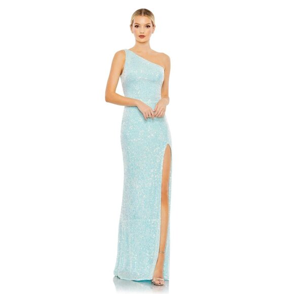 NWT Mac Duggal Sequined One Shoulder Draped Back Gown Icy Blue 2 #9827 - Picture 1 of 8